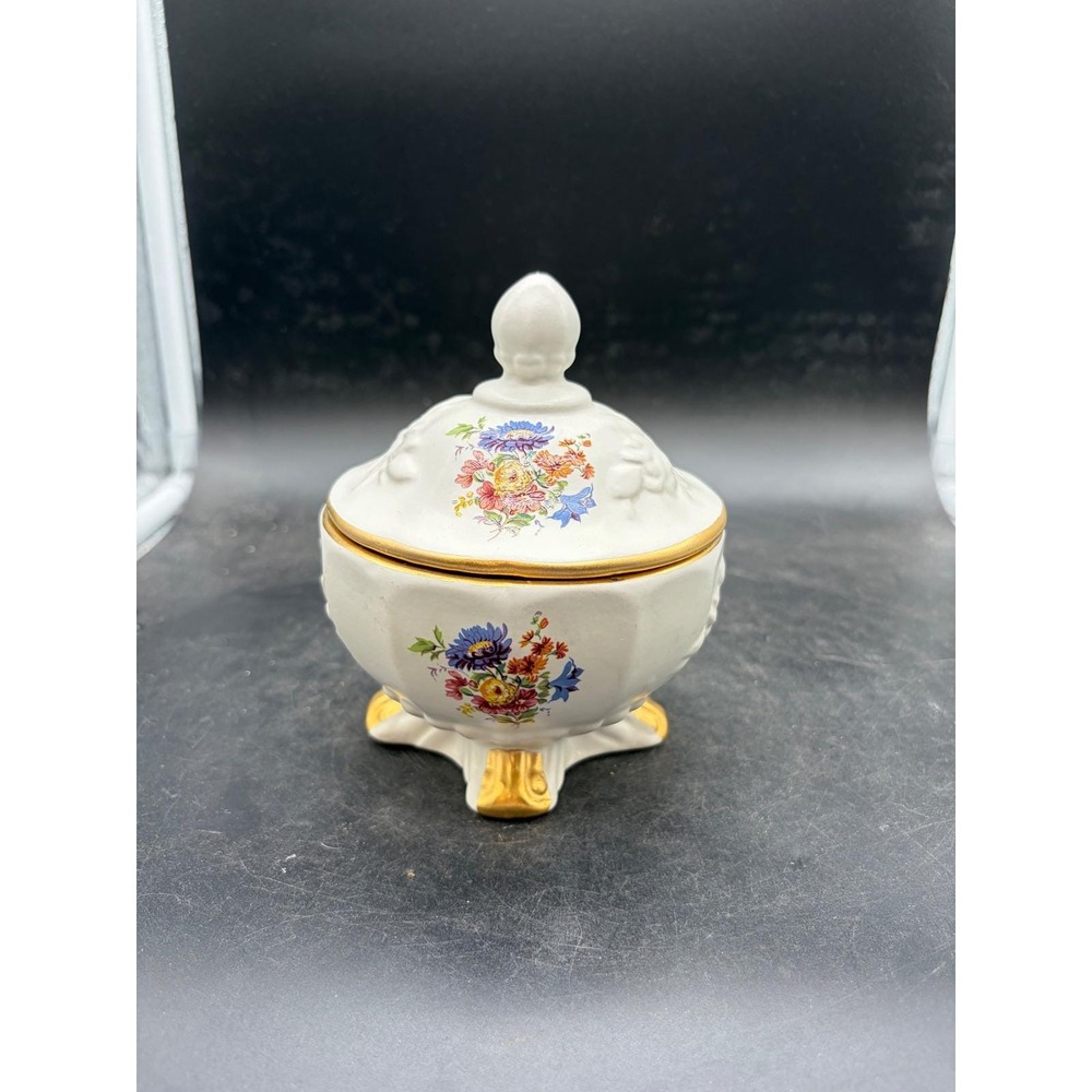 Vintage House of Fuller Porcelain Floral Trinket Box Gold Gilt Footed Jar USA